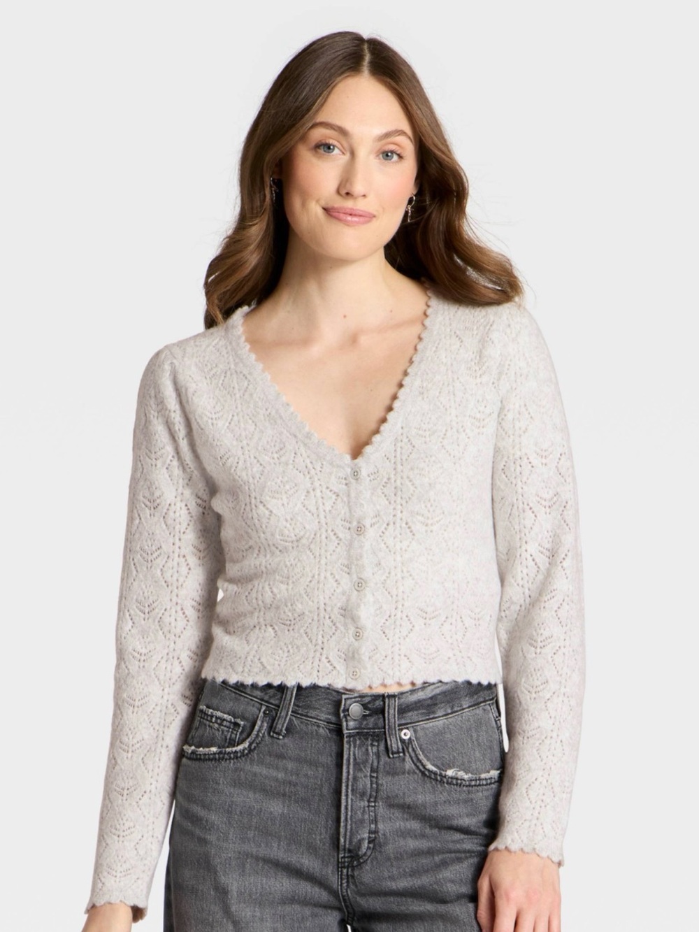 Universal Thread Gray Pointelle Cropped Cardigan Scallop Trim Size Medium